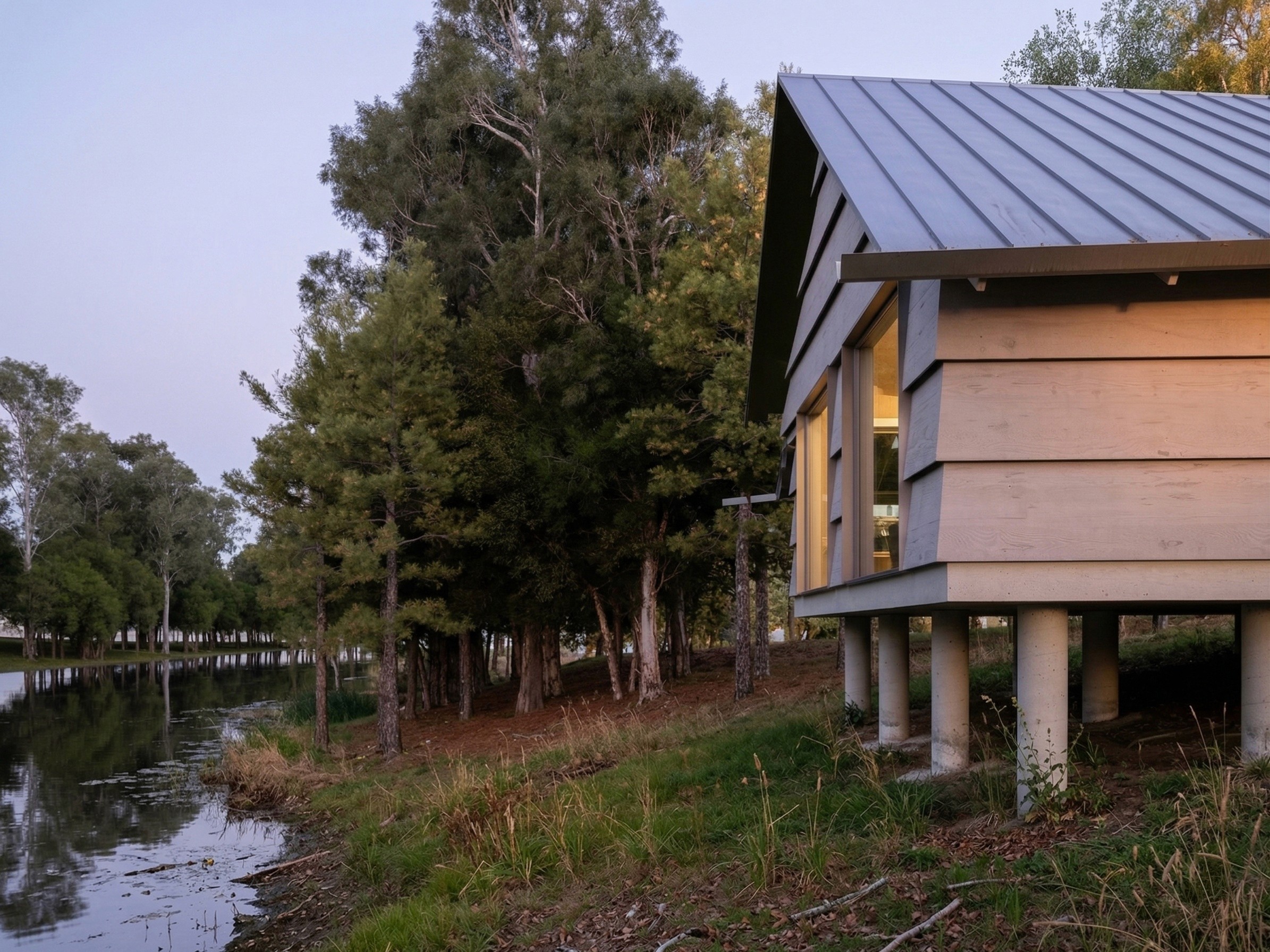 Title: Five Mile River ADU from the riverside at dusk - Description: Five Mile River ADU from the riverside at dusk